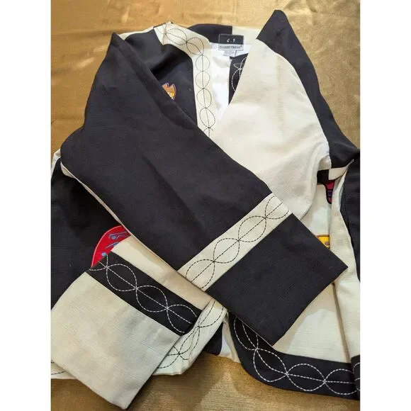 Classic Trend 90s/Y2K Linen Blend Cat Appliqué Jacket Colorblock Black Cream L - Picture 4 of 8